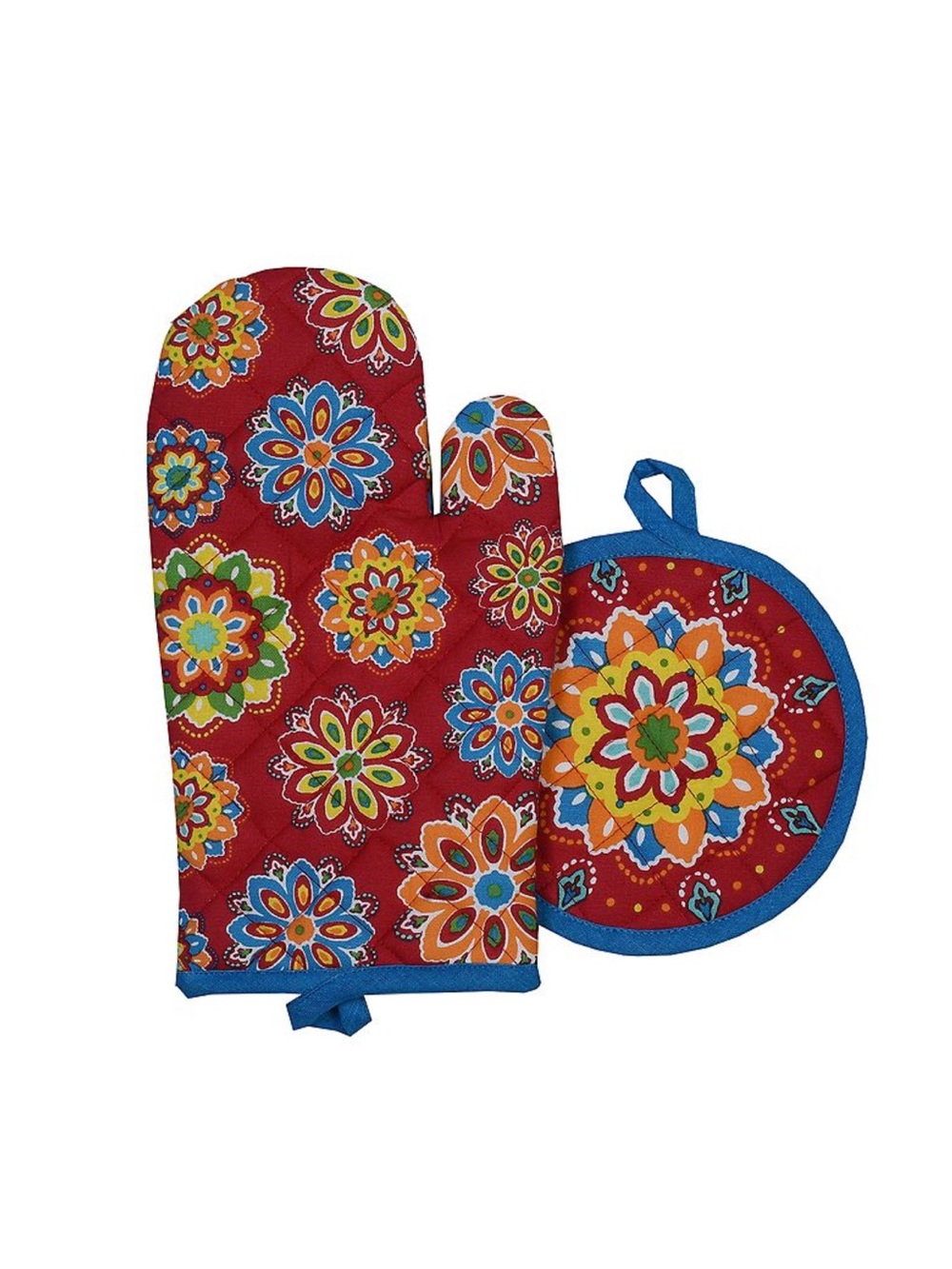 Colorful Red Floral Oven Mitt and Pot Holder Set - Unbranded